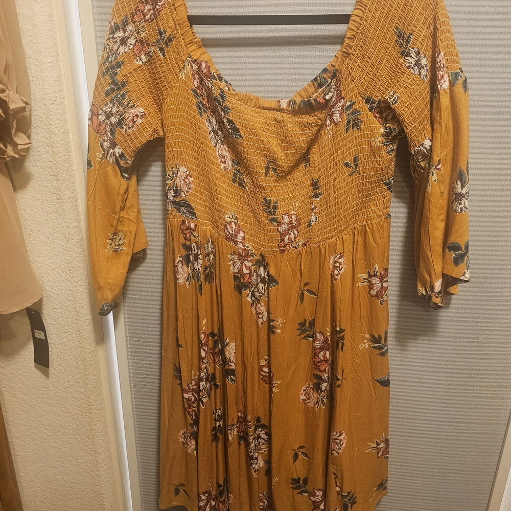 Floral Smocked Mustard Midi Dress - Women